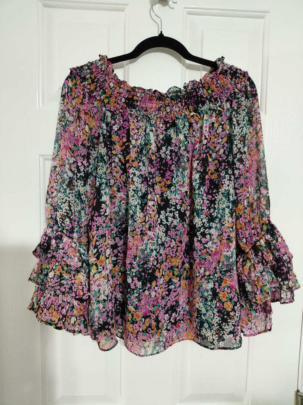 CeCe Black Floral Off-Shoulder Ruffle Sleeve Tunic - Pink, Teal, Mustard